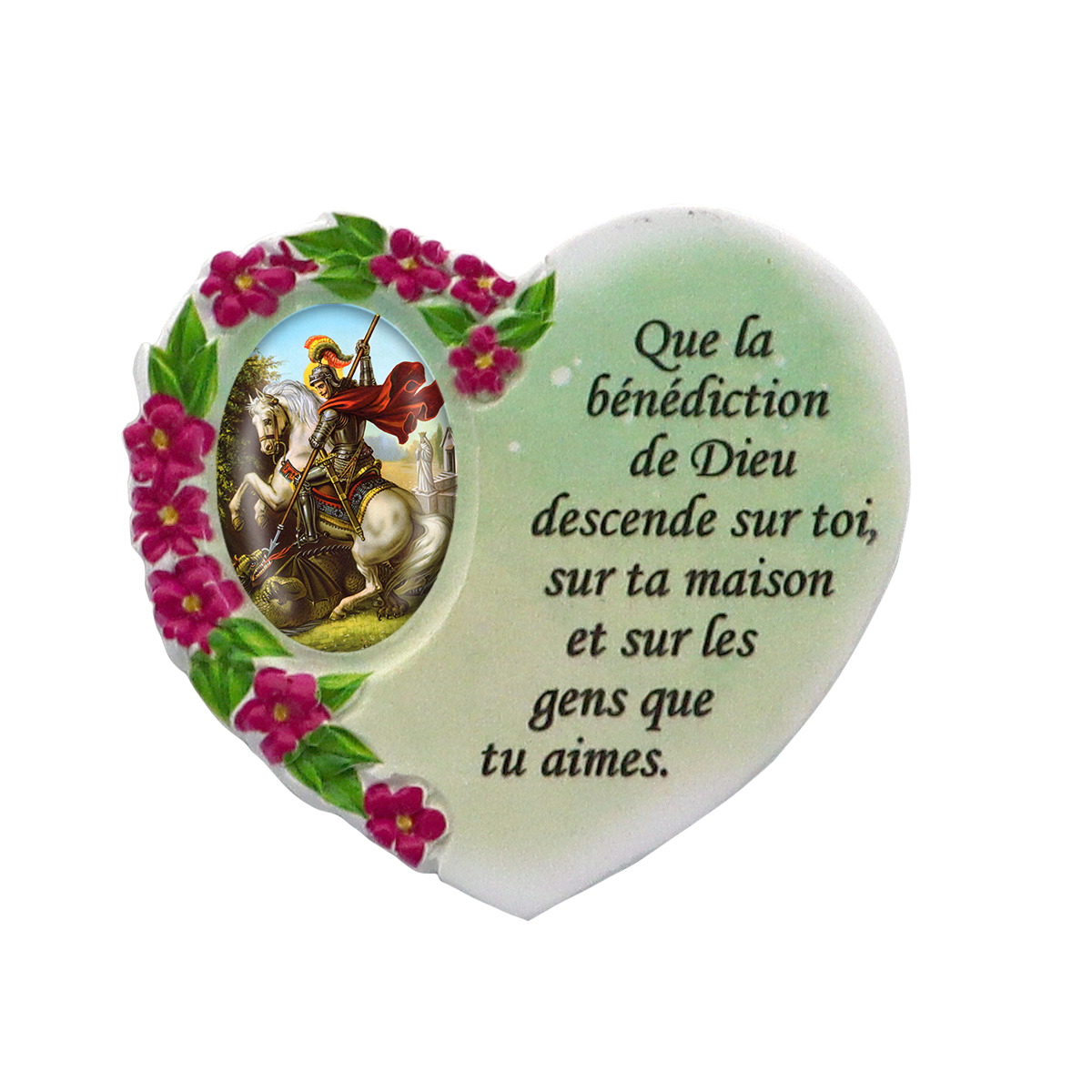 Magnet en résine en forme de coeur H. 6 x 6.5 cm, avec prière pour la maison et résine de diiférents Saints.