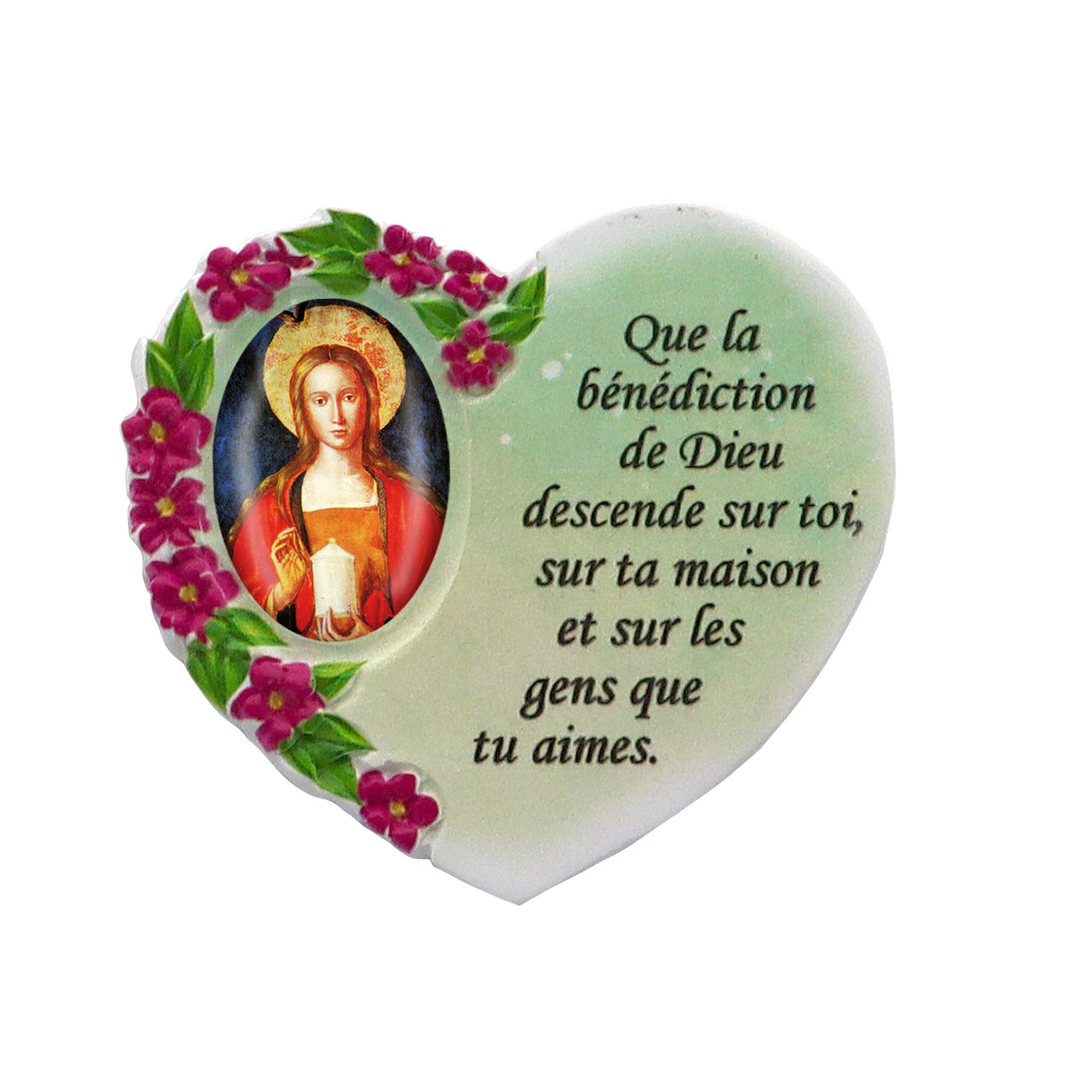 Magnet en résine en forme de coeur H. 6 x 6.5 cm, avec prière pour la maison et résine de diiférents Saints.