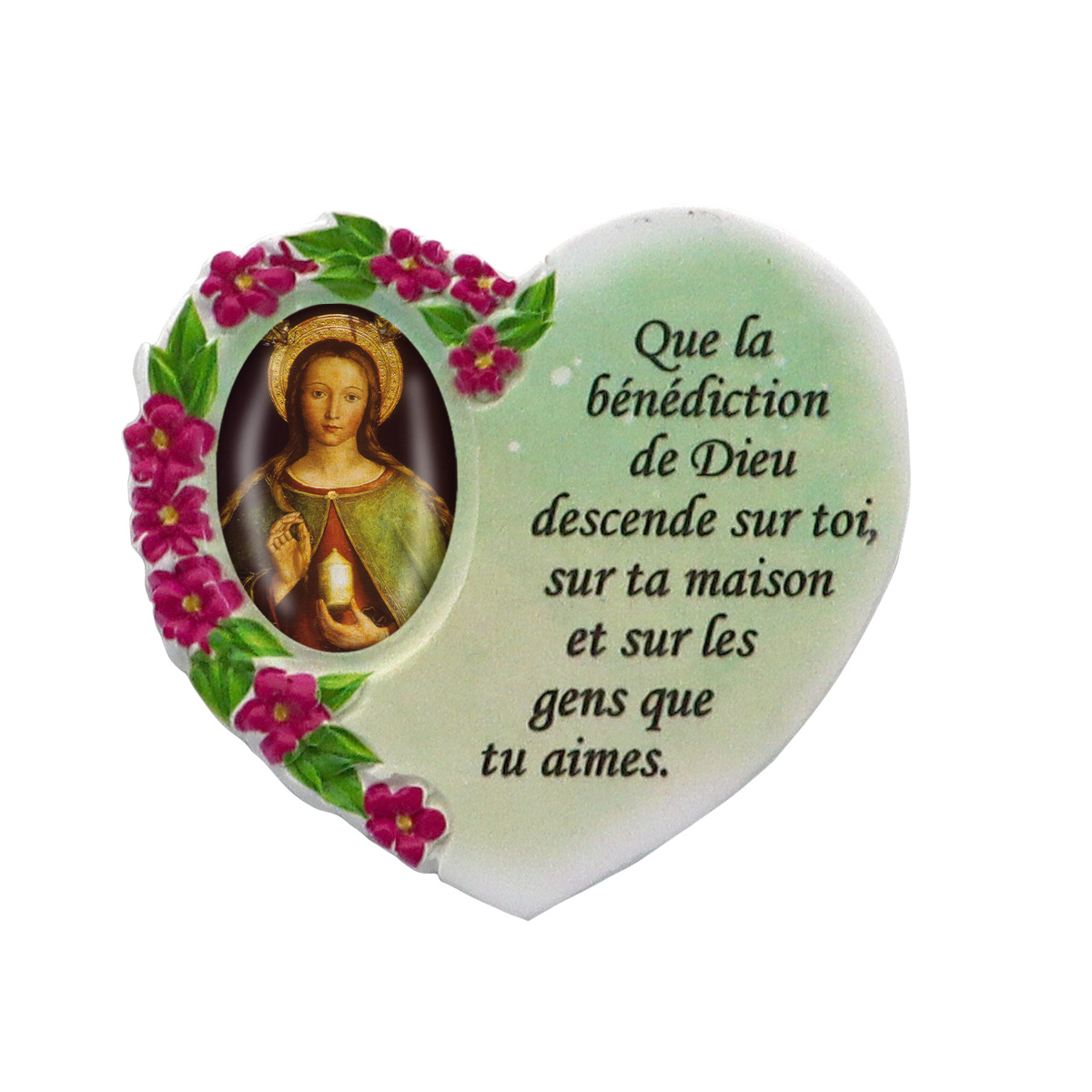 Magnet en résine en forme de coeur H. 6 x 6.5 cm, avec prière pour la maison et résine de diiférents Saints.