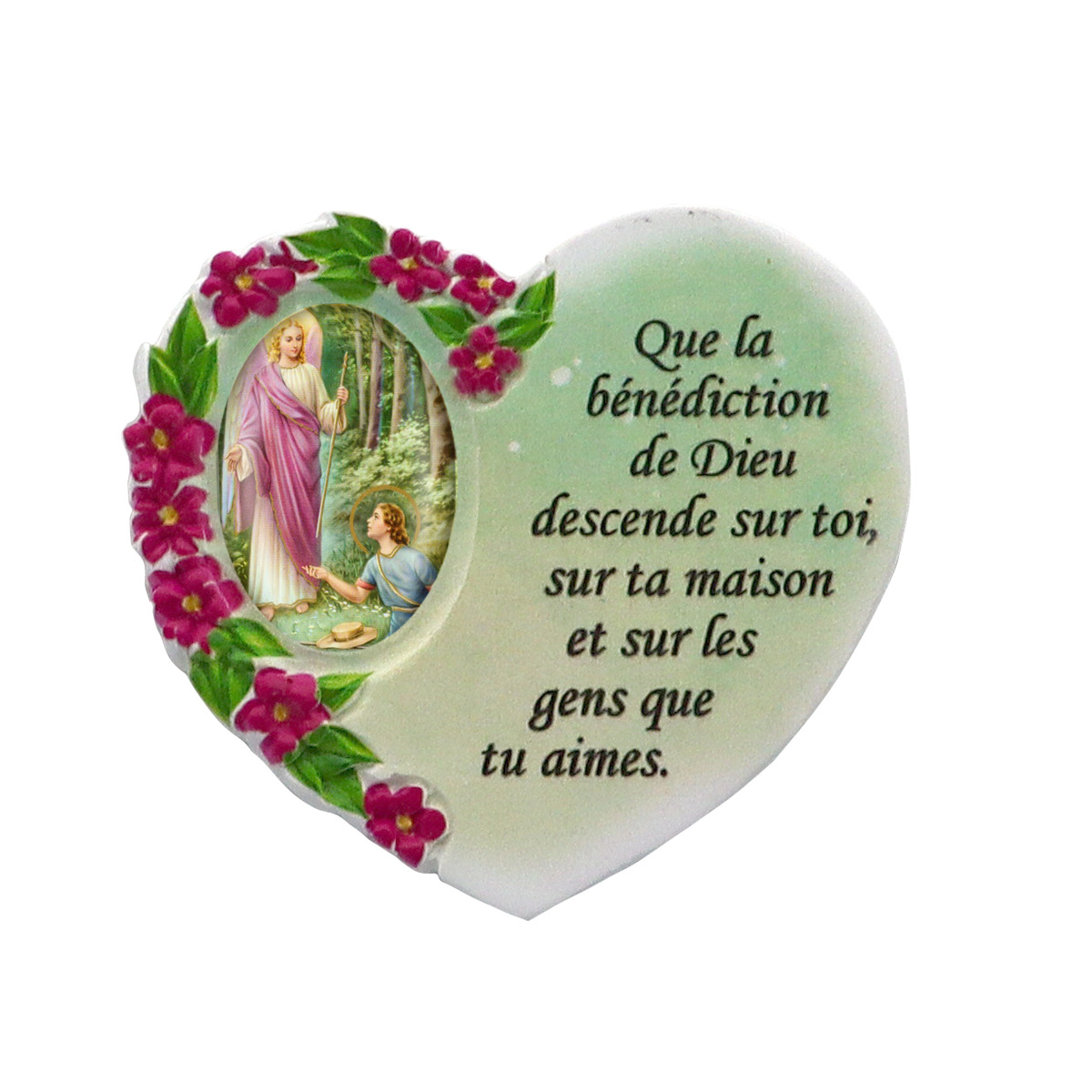 Magnet en résine en forme de coeur H. 6 x 6.5 cm, avec prière pour la maison et résine de diiférents Saints.