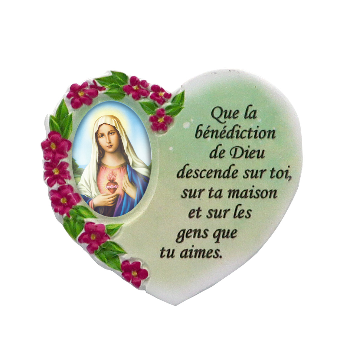 Magnet en résine en forme de coeur H. 6 x 6.5 cm, avec prière pour la maison et résine de diiférents Saints.