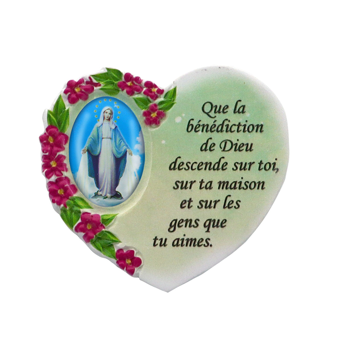 Magnet en résine en forme de coeur H. 6 x 6.5 cm, avec prière pour la maison et résine de diiférents Saints.