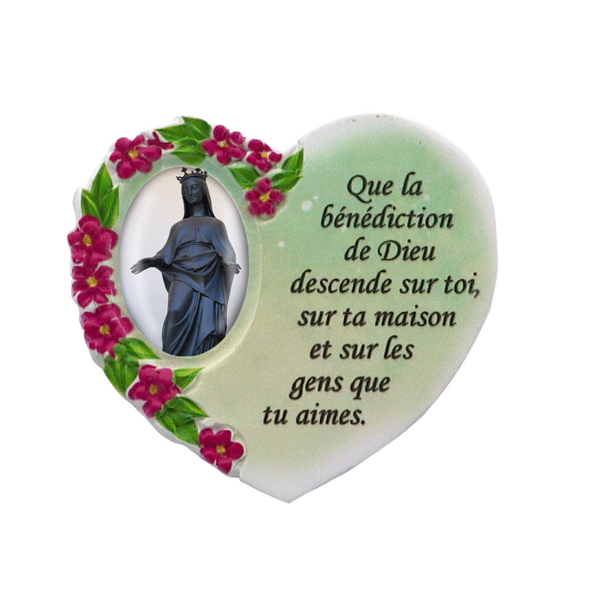 Magnet en résine en forme de coeur H. 6 x 6.5 cm, avec prière pour la maison et résine de diiférents Saints.