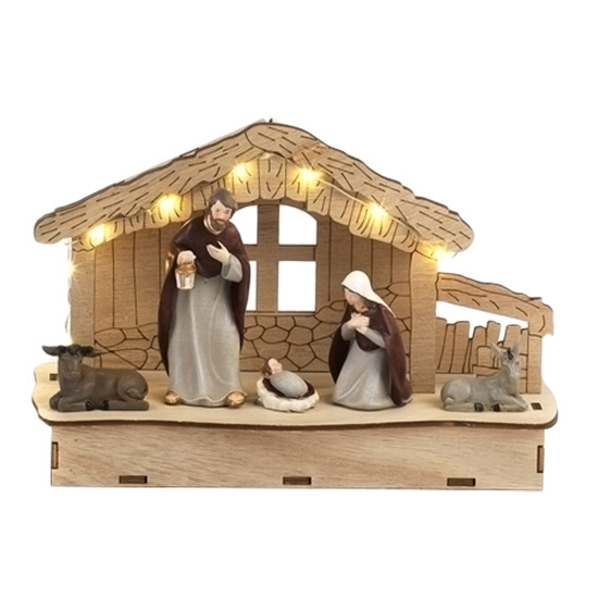 Nativité en résine avec cabane en bois lumineuse. H. 13 x 20 cm. (piles non incluses 2 X AAA)