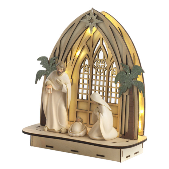 Nativité en résine, décor cabane en bois lumineuse. H 24 cm. (piles non incluses 2 X AAA)