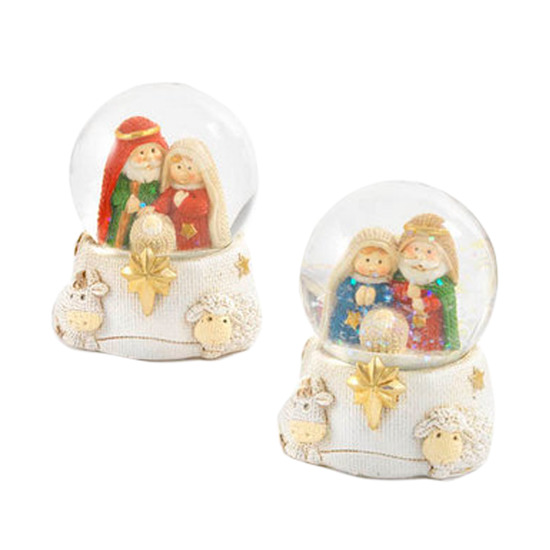 Boule de neige avec nativité enfantine, H. 6 cm. Lot de 2 assorties.