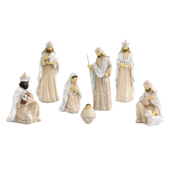 Crèche de 7 personnages, couleur beige et blanche avec étoile. H 16.80 cm.