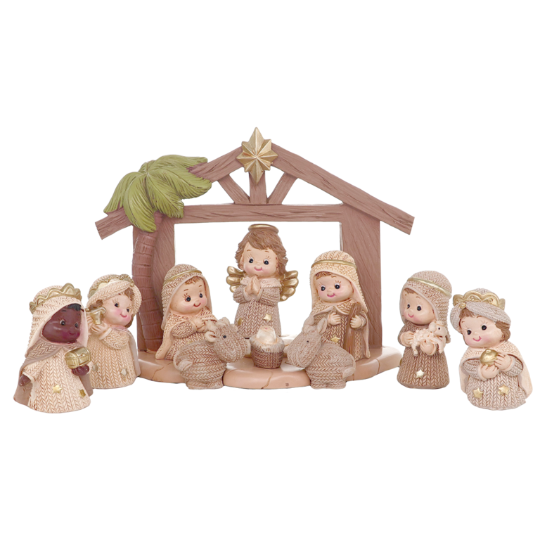 Crèche enfantine avec 10 personnages et cabane, H. 5.8 cm.