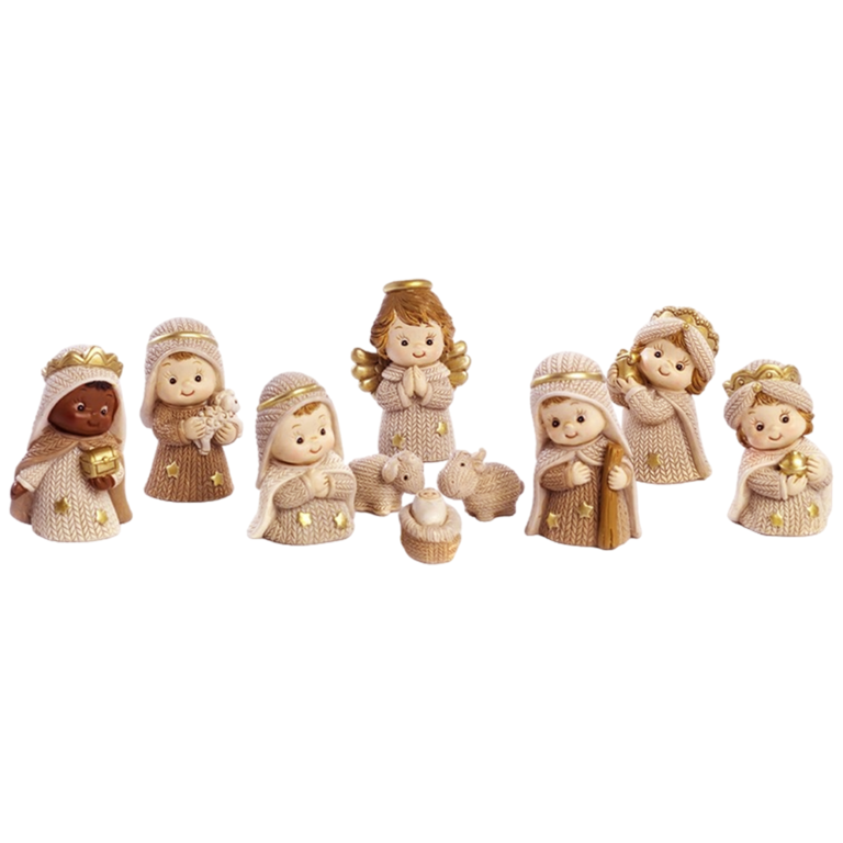 Crèche enfantine de couleur beige avec 10 personnages H 5.8 cm