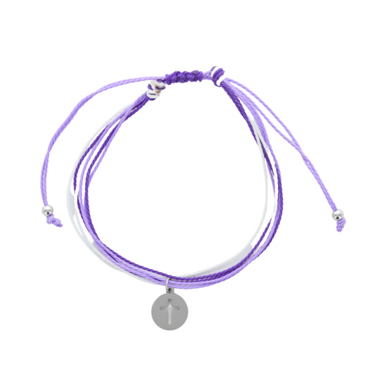 Bracelet sur corde tressée couleur violet avec médaille croix. 