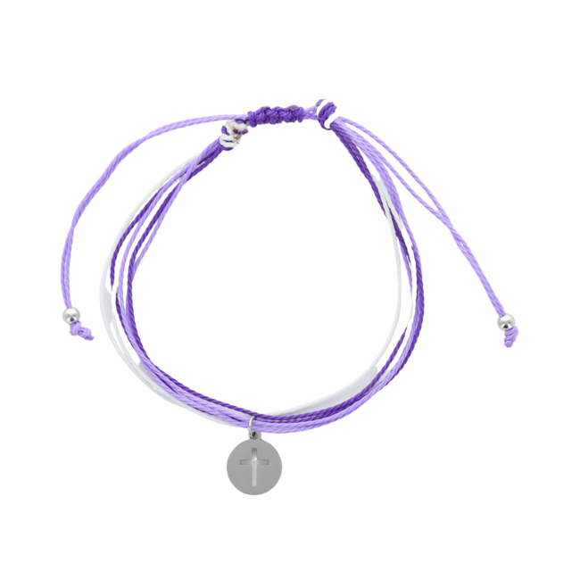 Bracelet sur corde tressée couleur violet avec médaille croix. 