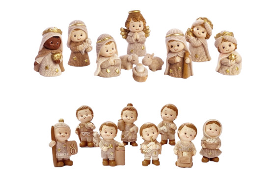 Crèche enfantine de couleur beige avec 18 personnages, H. 5.8 cm (composé des références 23538 et 23002 )