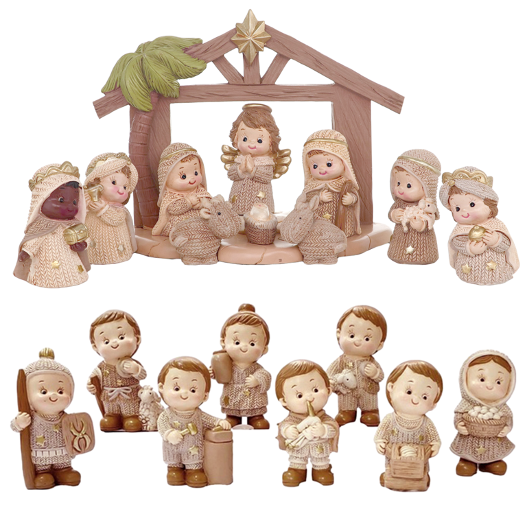 Crèche enfantine avec cabane de couleur beige avec 18 personnages, H. 5.8 cm (composé des références 23002 et 23004)