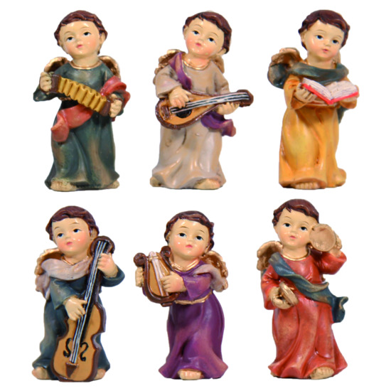 Assortiment d'anges musiciens en résine de différentes couleurs, H. 5 cm. LOT DE 6 ANGES