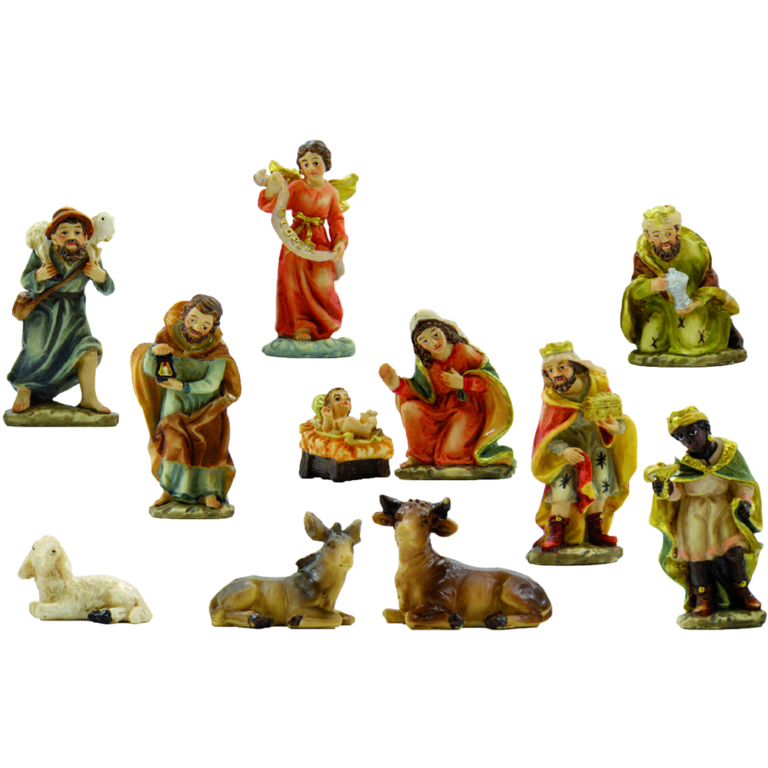 Crèche en résine 11 personnages, H.5 cm.livrée en boite présentoir.