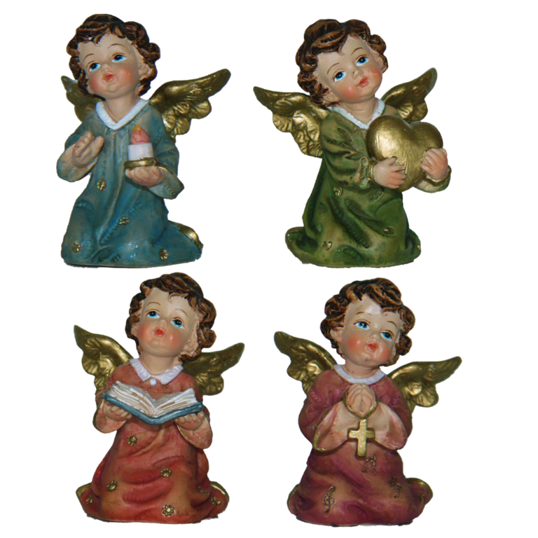 Assortiment d'anges assis en résine de différentes couleurs, H. 5 cm. LOT DE 4 ANGES