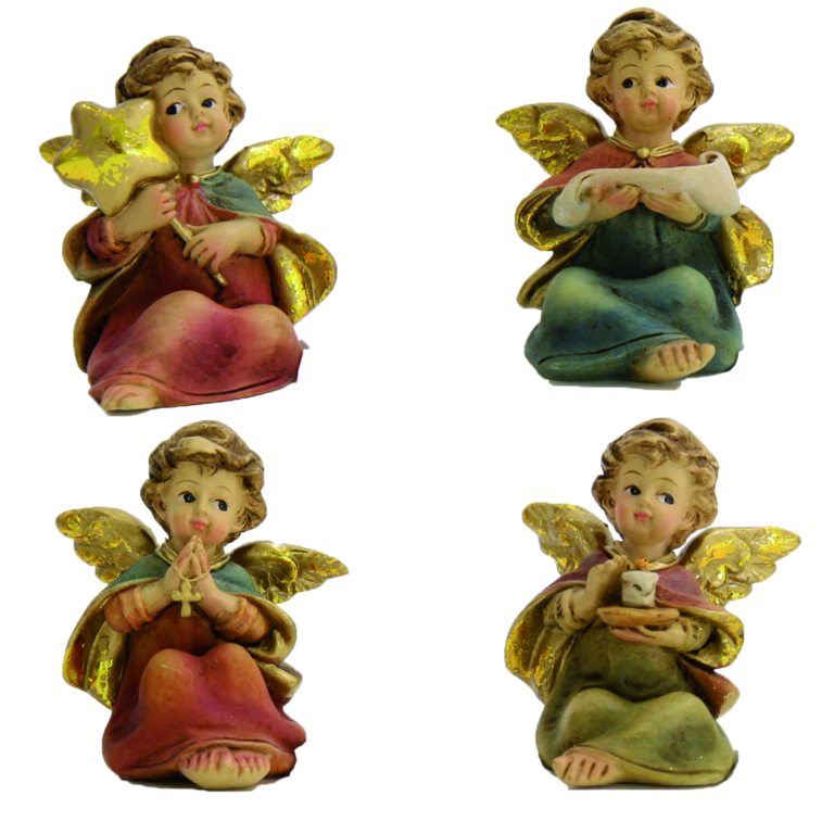 Assortiment d'anges assis en résine de différentes couleurs, H. 5 cm. LOT DE 4 ANGES 