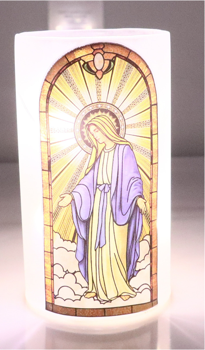 Photophore led en verre avec image des saints. diam. 7 cm H. 12 cm