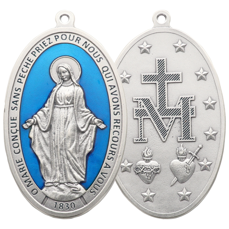 Médaille plaque de porte en métal et résine bleue de la Vierge Miraculeuse 10.5 cm.