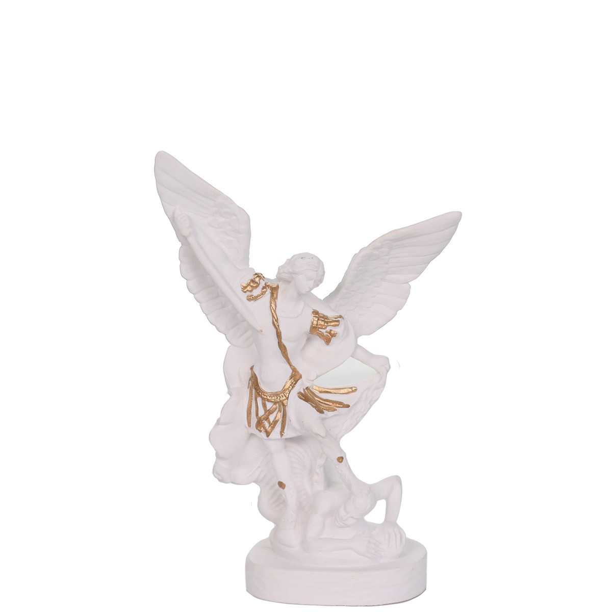 Statue en résine et poudre de marbre blanc avec des touches de couleur dorée de Saint Michel. Livrée en boite individuelle. Existe en différentes tailles