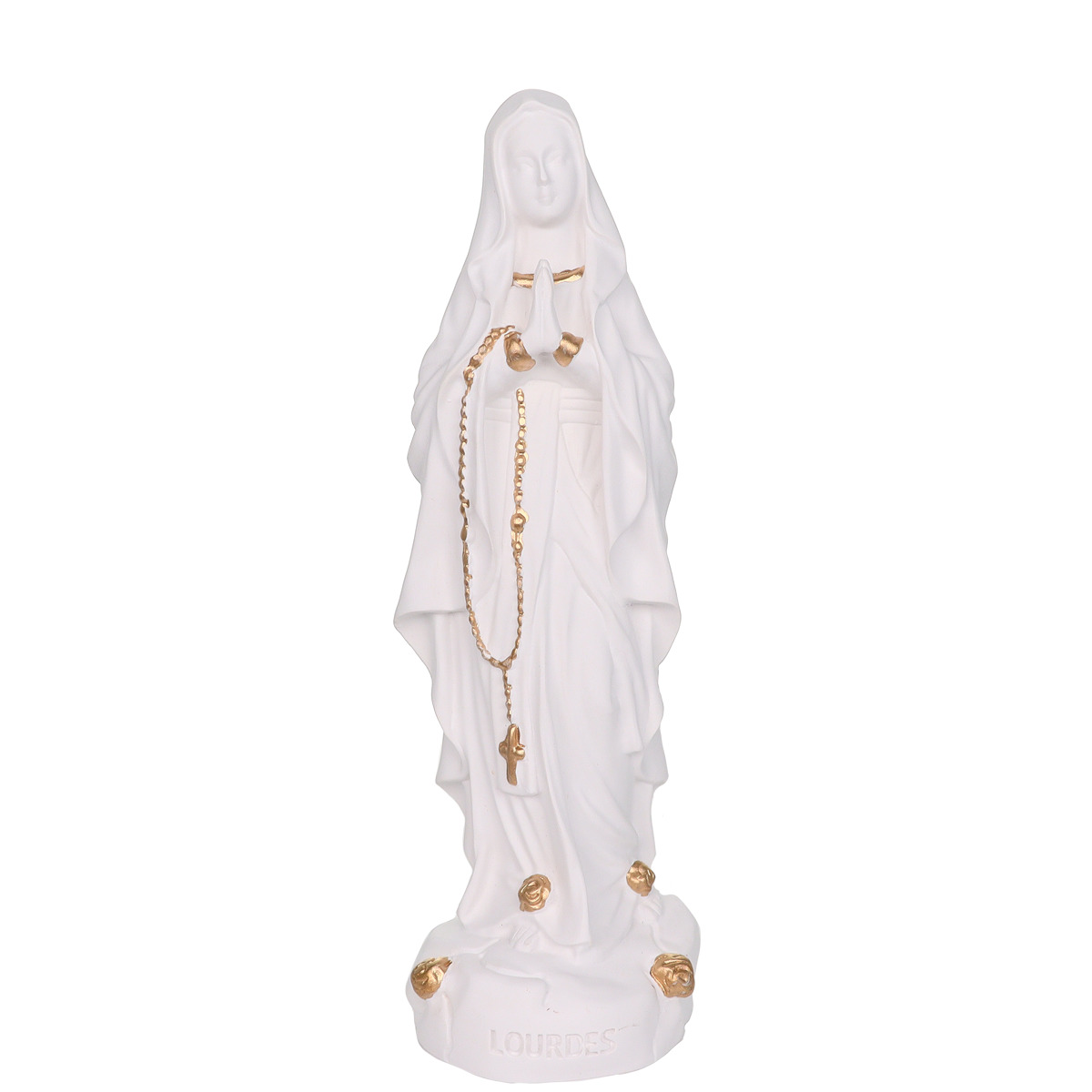 Statue en résine et albâtre blanc avec des touches de couleur dorée de Notre Dame de Lourdes. Livrée en boite individuelle. Existe en différentes tailles.