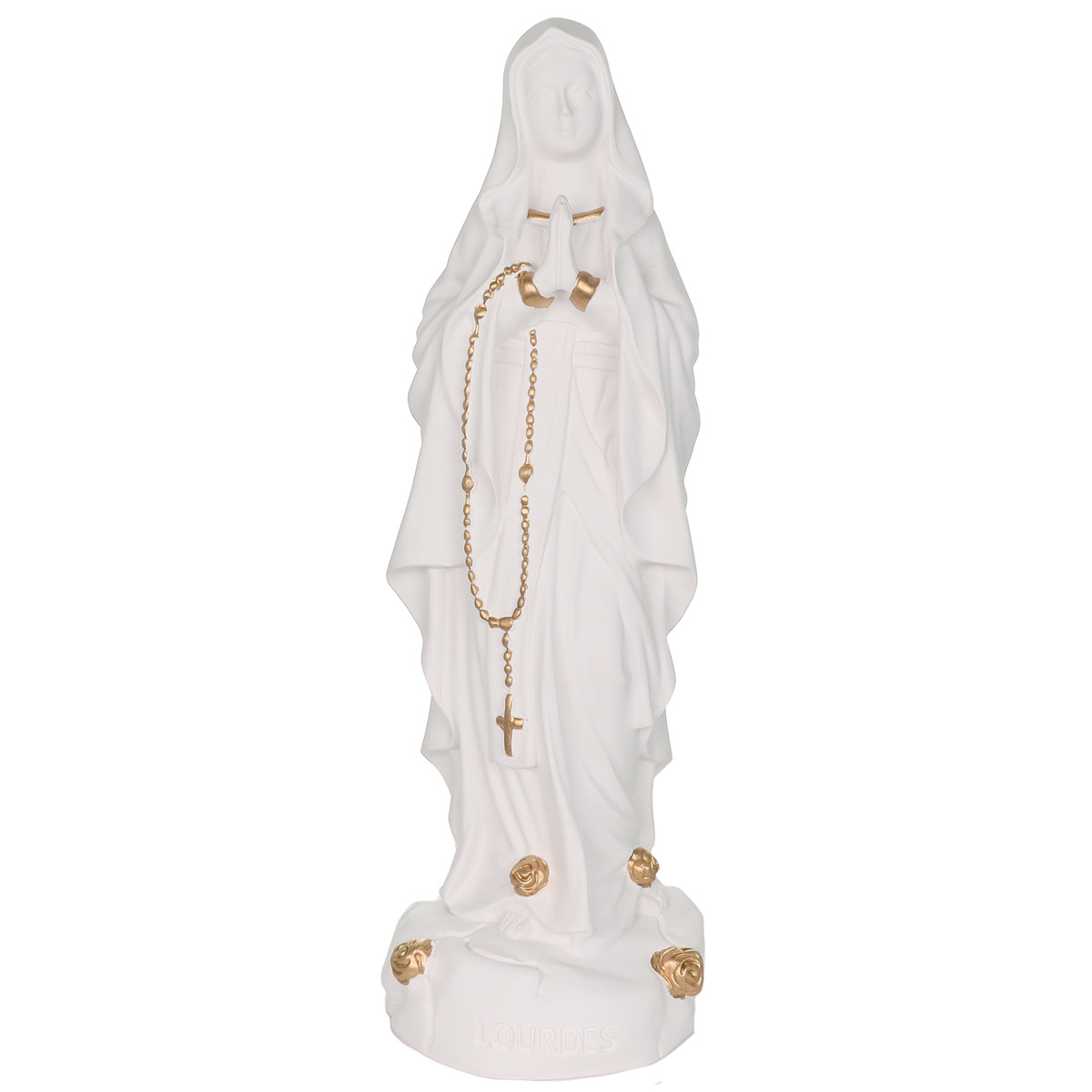 Statue en résine et albâtre blanc avec des touches de couleur dorée de Notre Dame de Lourdes. Livrée en boite individuelle. Existe en différentes tailles.