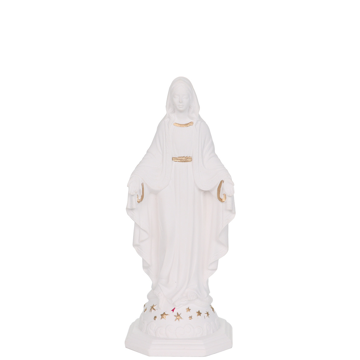 Statue en résine et poudre de marbre blanc avec des touches de couleur dorée de la Vierge Miraculeuse. Livrée en boite individuelle. Existe en différentes tailles. 