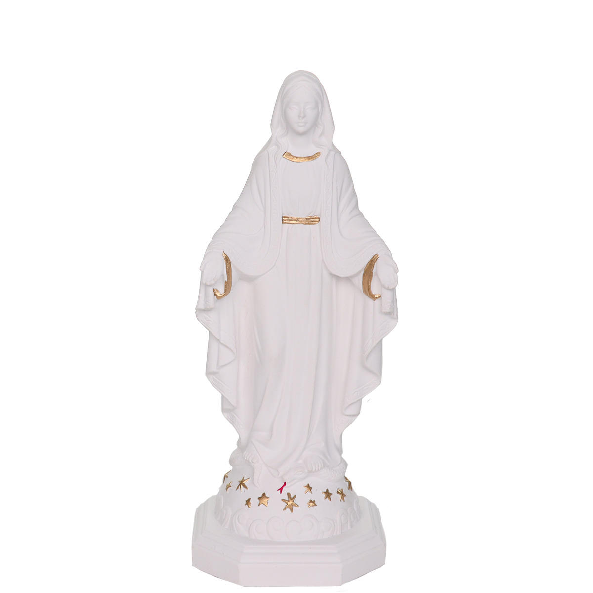 Statue en résine et poudre de marbre blanc avec des touches de couleur dorée de la Vierge Miraculeuse. Livrée en boite individuelle. Existe en différentes tailles. 