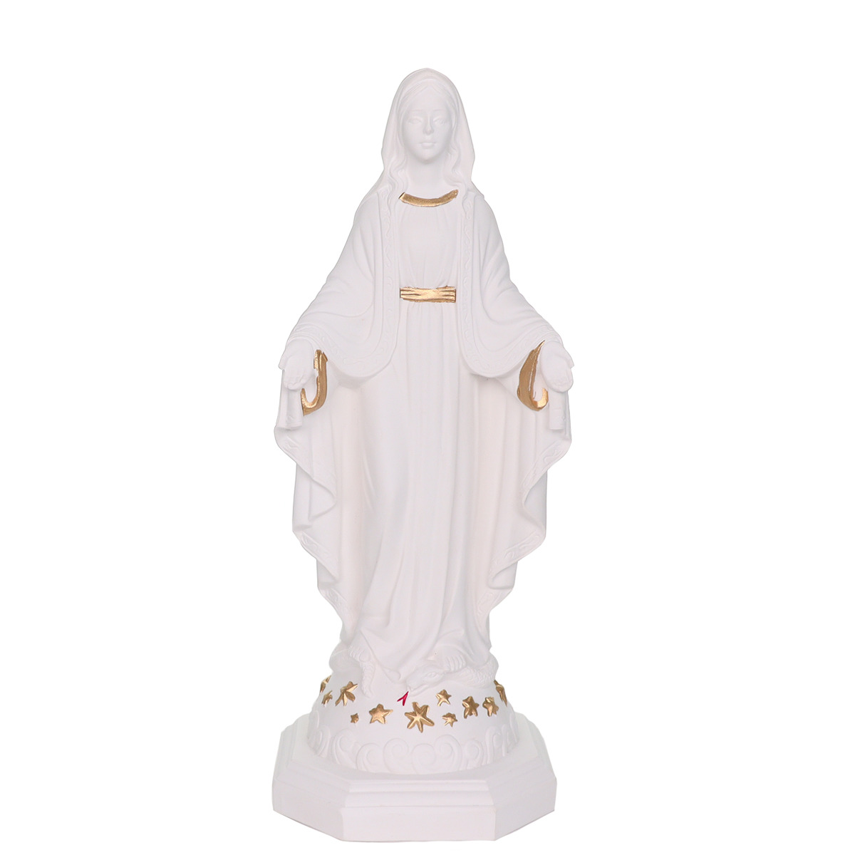 Statue en résine et poudre de marbre blanc avec des touches de couleur dorée de la Vierge Miraculeuse. Livrée en boite individuelle. Existe en différentes tailles. 