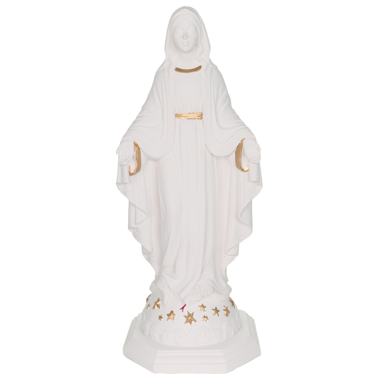 Statue en résine et poudre de marbre blanc avec des touches de couleur dorée de la Vierge Miraculeuse. Livrée en boite individuelle. Existe en différentes tailles. 