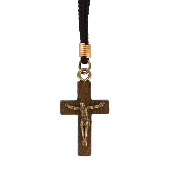 Croix de cou épaisse en bois avec Christ métal 3 cm, avec cordon marron