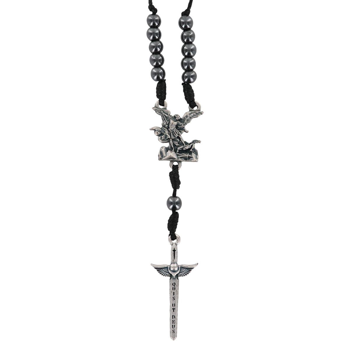 Collier dizainier réglable cordon noir, grains hématite, coeur saint Michel, pendentif épée de saint Michel 