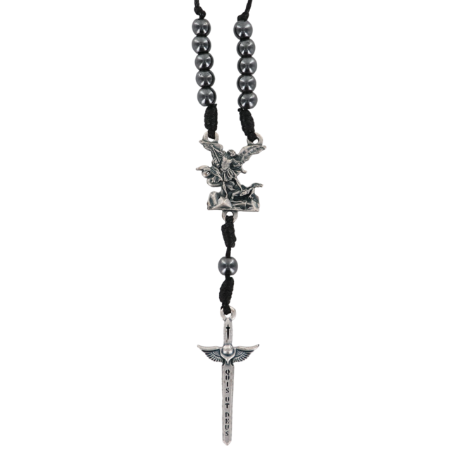 Collier dizainier réglable cordon noir, grains hématite, coeur saint Michel, pendentif épée de saint Michel 