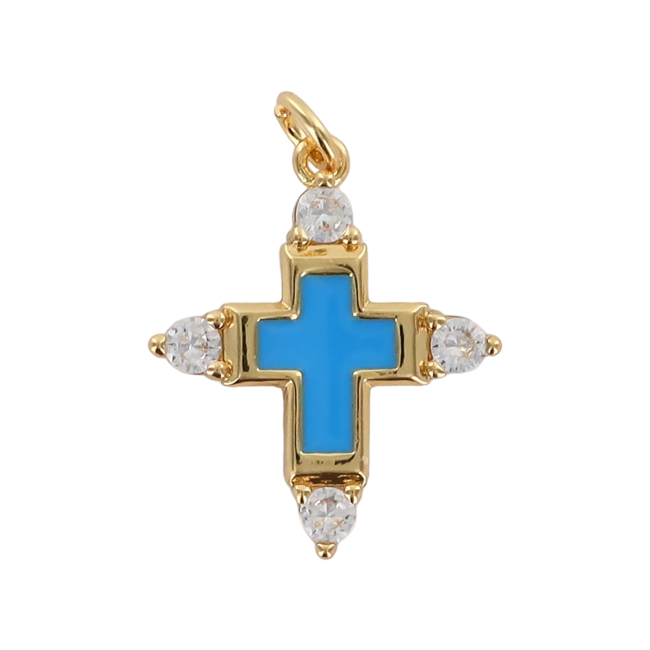 Croix de cou avec centre émaillé, dorée supérieur avec zircon cubique, hauteur 2 cm. Plusieurs couleurs.