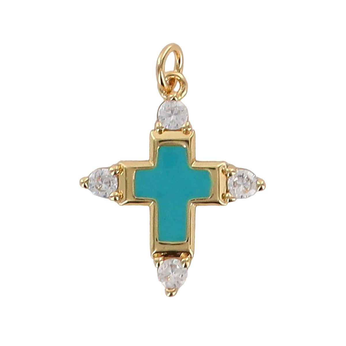 Croix de cou avec centre émaillé, dorée supérieur avec zircon cubique, hauteur 2 cm. Plusieurs couleurs.