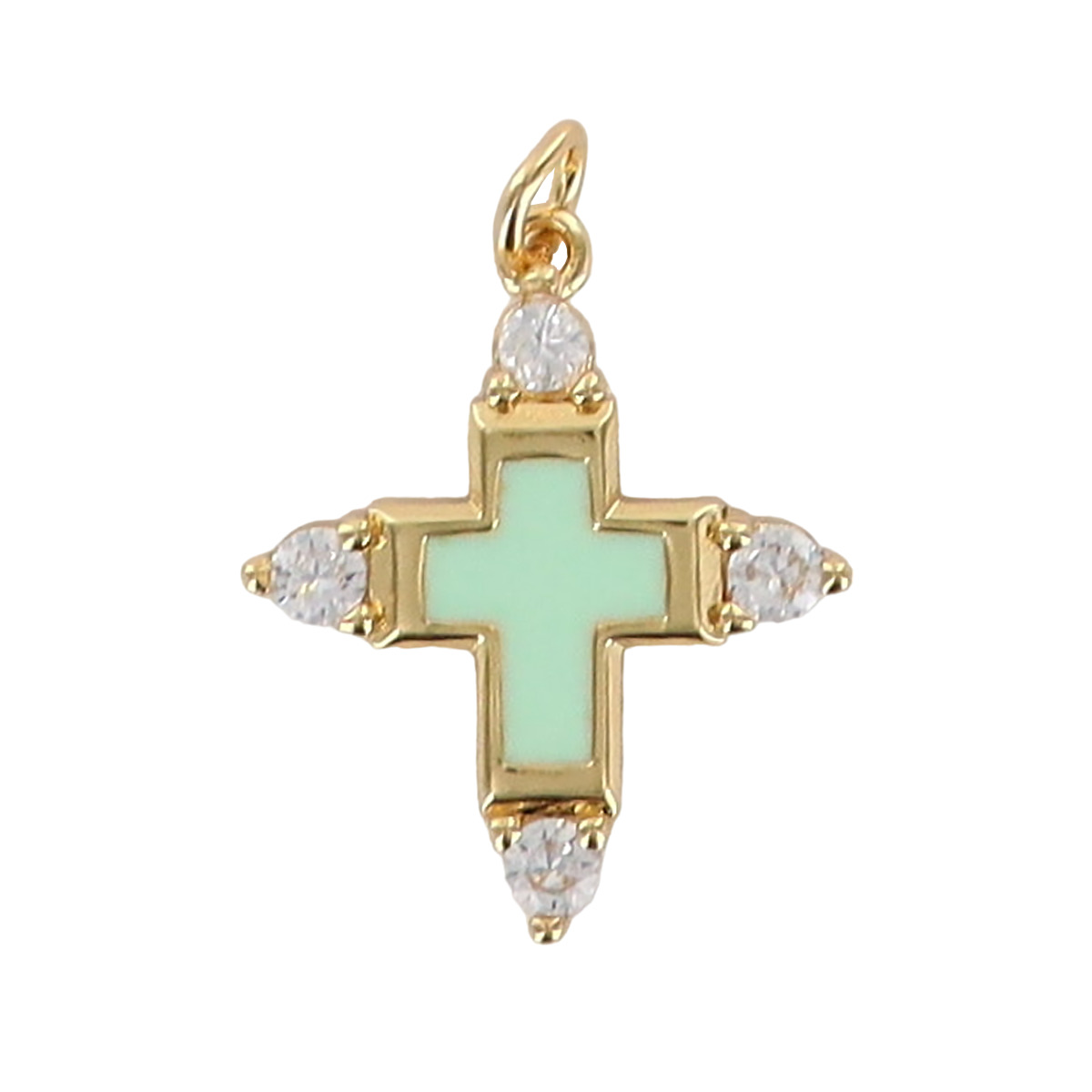 Croix de cou avec centre émaillé, dorée supérieur avec zircon cubique, hauteur 2 cm. Plusieurs couleurs.