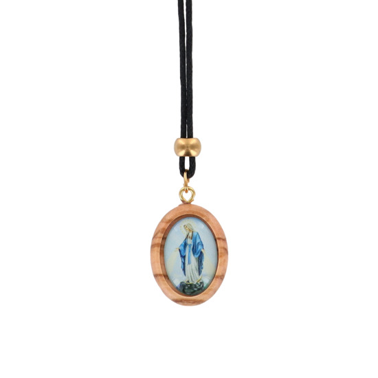 Collier avec cordon, Médaille en bois et résine de la Vierge Miraculeuse avec fermoir.