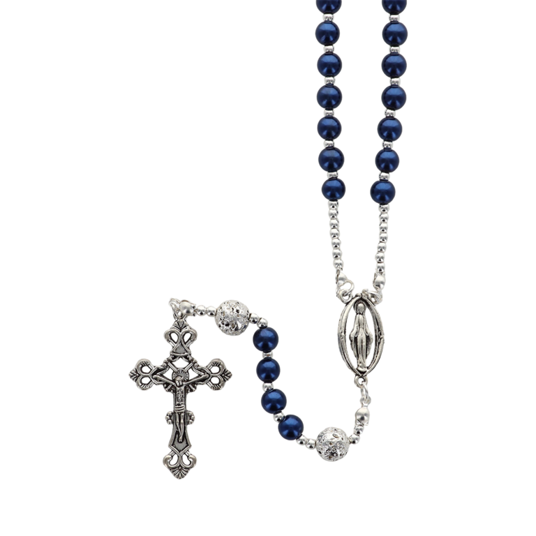 COLLIER grains en verre bleu sur cable Ø 5 mm, pater en pierre de lave galvanisé de couleur argenté avec croix et coeur en métal