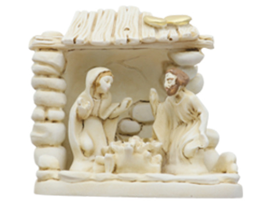 Nativité en résine dans cabane H. 4,8 cm en boite.