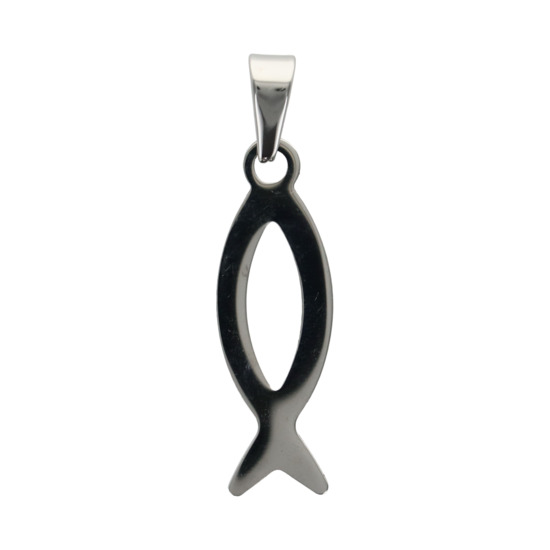 Grand pendentif Ichthus couleur argentée en acier inoxydable H. 3.6 cm.  