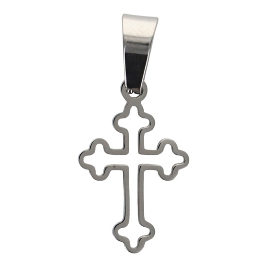 Croix de cou baroque évidée argentée en acier inoxydable H. 1.5 cm.