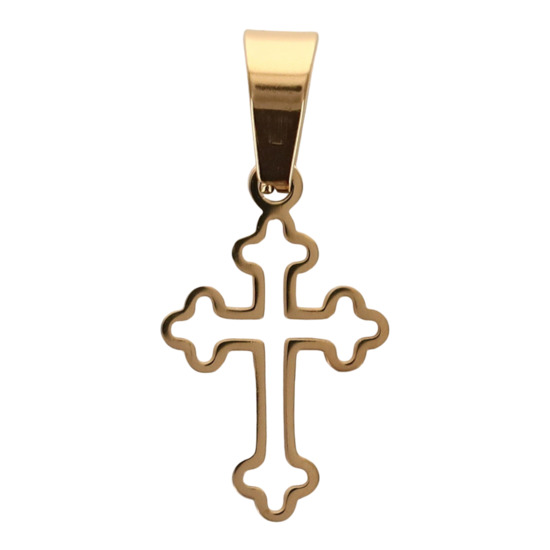 Croix de cou baroque ajourée de couleur dorée en acier inoxydable H. 1.5 cm.