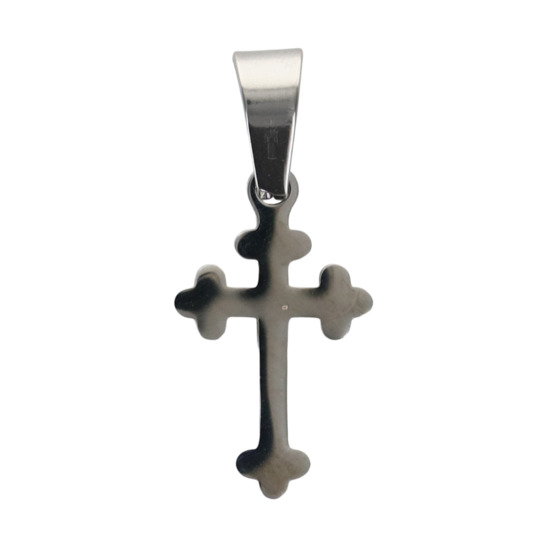 Croix de cou baroque tréflée argentée en acier inoxydable H. 1.5 cm. 