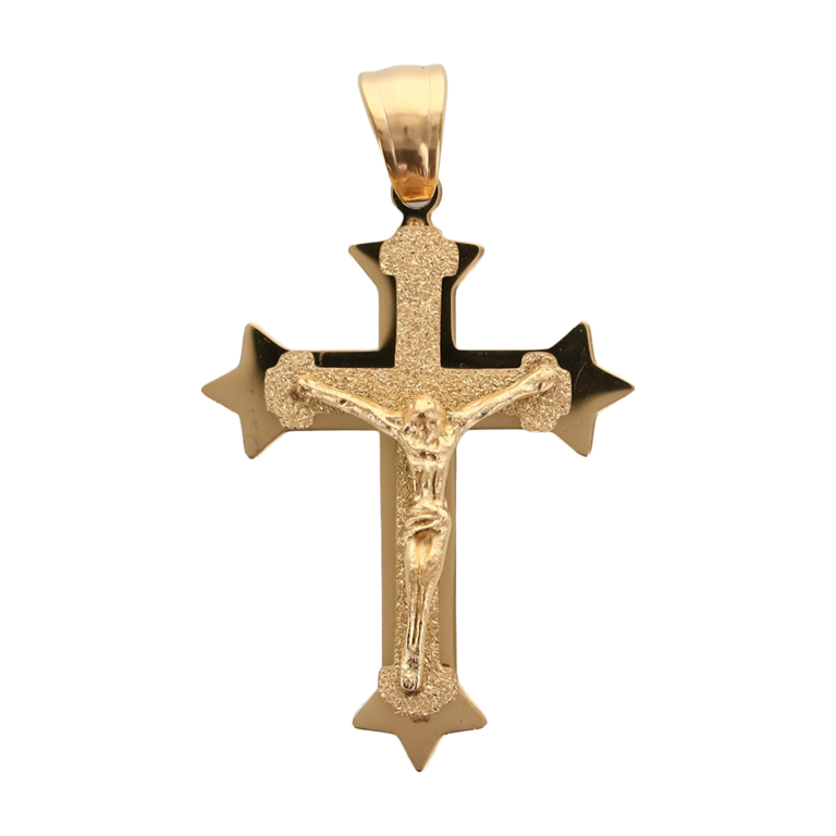 Croix de cou avec Christ en relief sablée, de couleur dorée en acier inoxydable H. 3 cm.