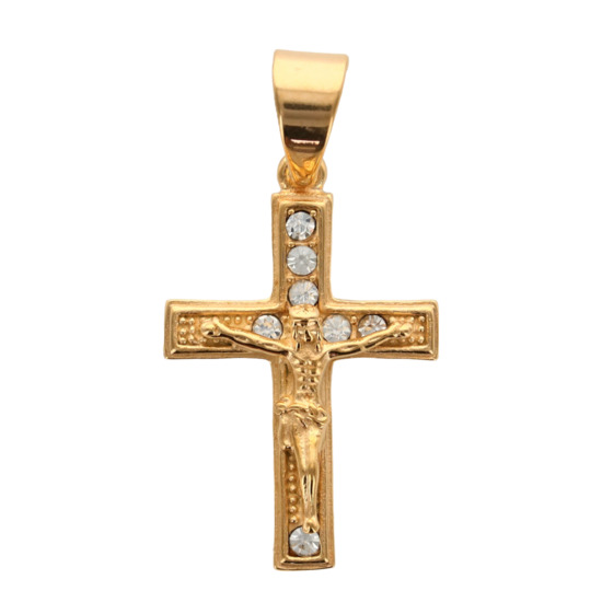 Croix de cou dorée en acier inoxydable avec christ ornée de zirconium H. 3,5 cm.