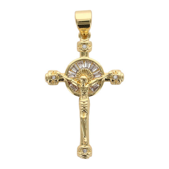 Croix de cou dorée supérieur en zirconium, avec Christ  H. 2,5 cm. 