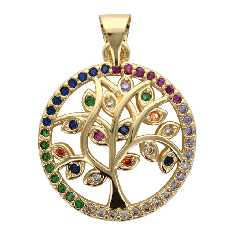 Pendentif de l'arbre de vie bombé ajouré de couleur doré supérieur avec zirconium Ø 1,9 cm