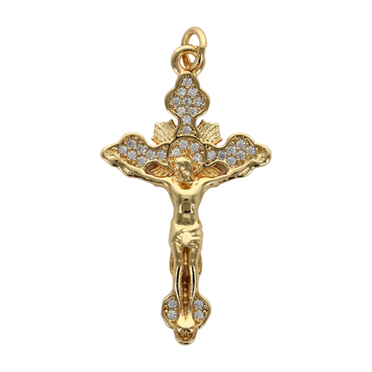 Croix de cou tréflée dorée supérieure en zirconium, avec Christ, hauteur 3 cm