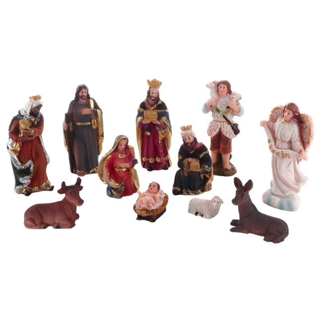 Crèche en résine de 11 personnages H. 8.50 cm. Livrée en boite présentoir.