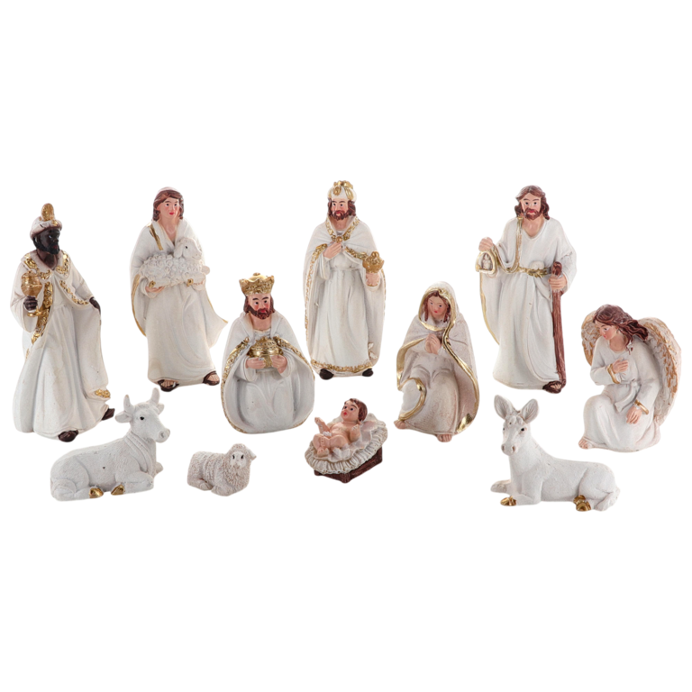 Crèche en résine de couleur blanche et dorée avec 11 personnages, H.8.5 cm.